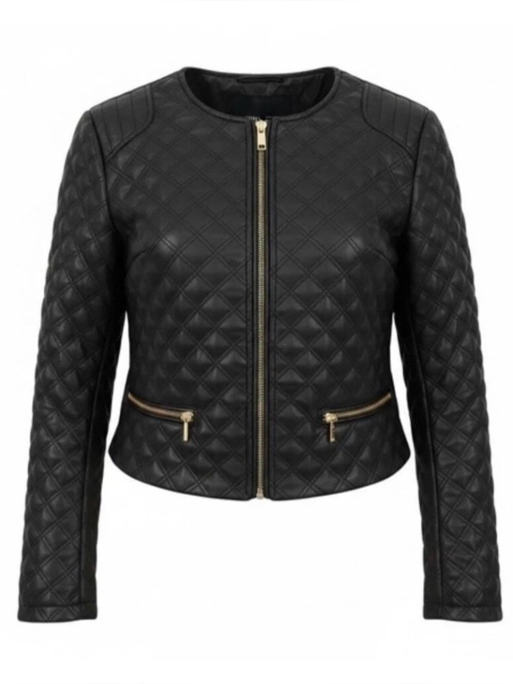 Zara Quilted Black Leather Jacket with Gold Zippers